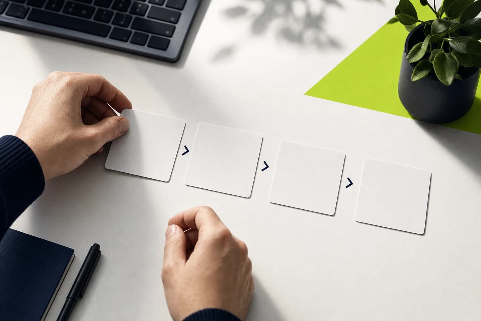 Hands arranging a sequence of blank operational cards into a clear path